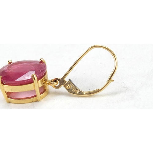 3722 - Pair of 18ct gold ruby earrings, 3cm in length