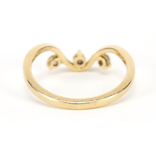 3427 - 18ct gold diamond three stone ring, size K, 2.2g