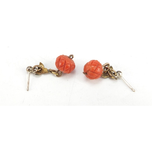 3599 - Pair of antique unmarked gold and silver diamond and coral earrings, 2.5cm in length, 3.2g