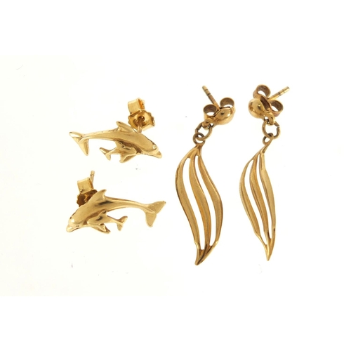 4017 - Pair of 9ct gold drop earrings and a pair of silver gilt dolphin earrings, the largest 3.5cm in leng... 