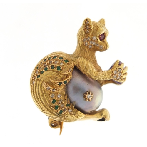 3222 - Good unmarked gold Lemur multi gem brooch (tests as 14ct+) with pearl body, set with diamonds, emera... 