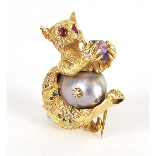 3222 - Good unmarked gold Lemur multi gem brooch (tests as 14ct+) with pearl body, set with diamonds, emera... 