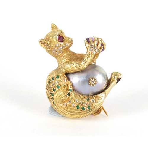 3222 - Good unmarked gold Lemur multi gem brooch (tests as 14ct+) with pearl body, set with diamonds, emera... 