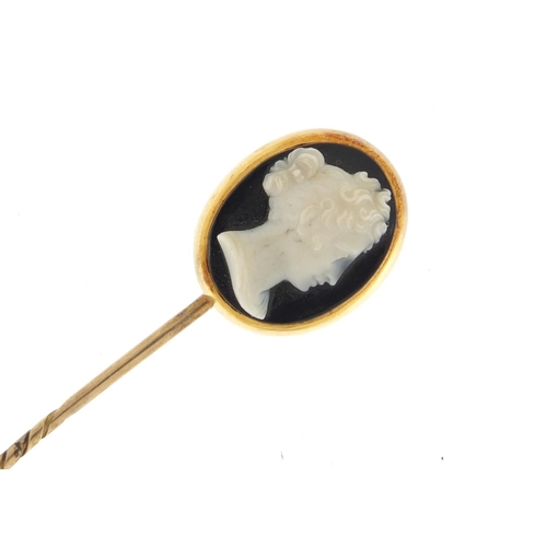 3104 - Victorian unmarked gold cameo glass tie pin, 8cm in length, housed in a velvet and silk lined tooled... 