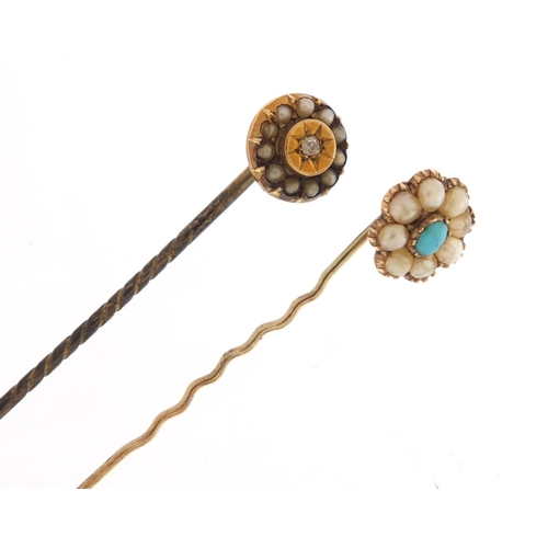 3862 - Two Victorian unmarked gold tie pins set with seed pearls, diamond and turquoise, the largest 6cm in... 