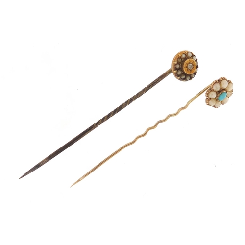 3862 - Two Victorian unmarked gold tie pins set with seed pearls, diamond and turquoise, the largest 6cm in... 