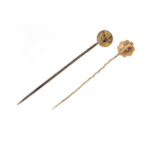 3862 - Two Victorian unmarked gold tie pins set with seed pearls, diamond and turquoise, the largest 6cm in... 