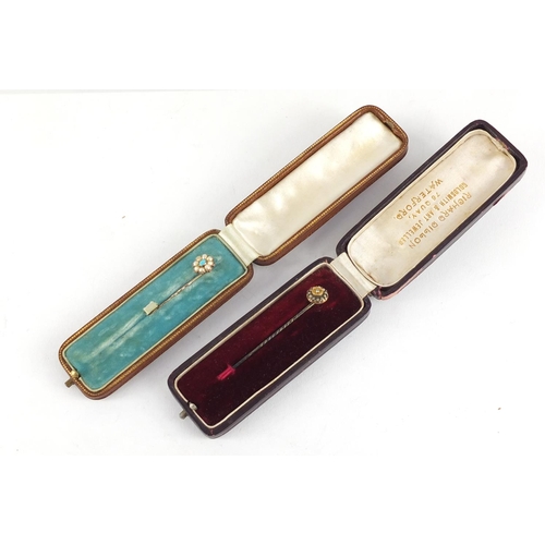 3862 - Two Victorian unmarked gold tie pins set with seed pearls, diamond and turquoise, the largest 6cm in... 