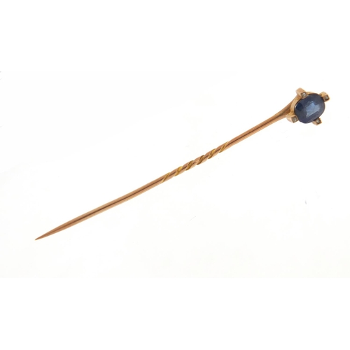 3319 - Art Deco unmarked gold sapphire and diamond tie pin, 6.5cm in length, 1.5g, housed in a tooled leath... 