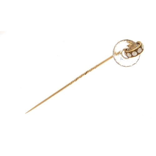 3721 - Victorian unmarked gold pearl and crystal tie pin, 8cm in length, 5.5g