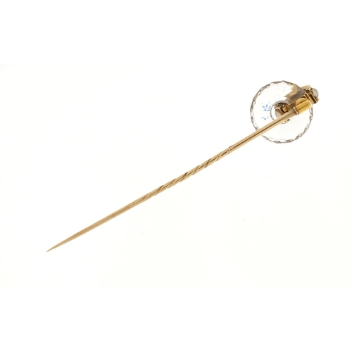 3721 - Victorian unmarked gold pearl and crystal tie pin, 8cm in length, 5.5g