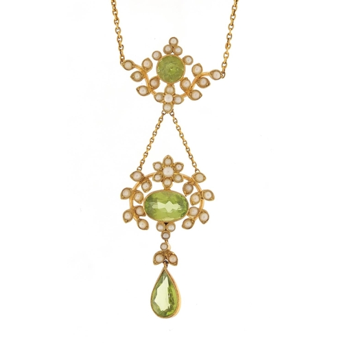 3226 - Art Nouveau 15ct gold peridot and seed pearl necklace, 36cm in length, 8.2g