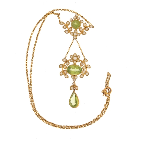 3226 - Art Nouveau 15ct gold peridot and seed pearl necklace, 36cm in length, 8.2g