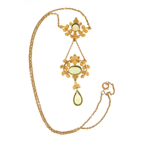 3226 - Art Nouveau 15ct gold peridot and seed pearl necklace, 36cm in length, 8.2g