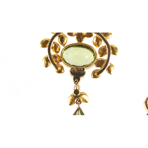 3226 - Art Nouveau 15ct gold peridot and seed pearl necklace, 36cm in length, 8.2g