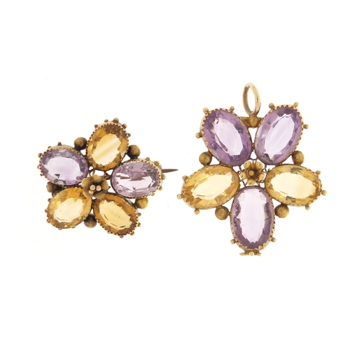 3373 - Victorian unmarked gold amethyst and citrine flower head pendant and brooch, the pendant 3cm in leng... 