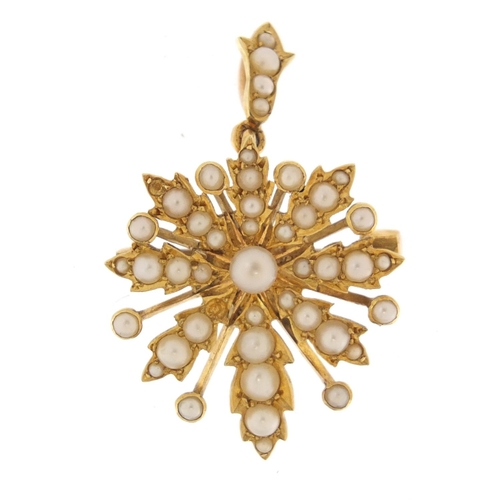 4123 - Unmarked gold seed pearl flower head pendant, 3.6cm in length, 5.6g