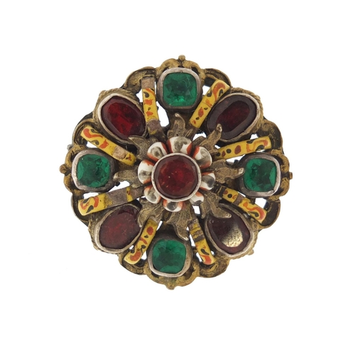 3762 - Antique unmarked white metal enamelled brooch, set with garnets and green stones, 2.6cm in diameter,... 