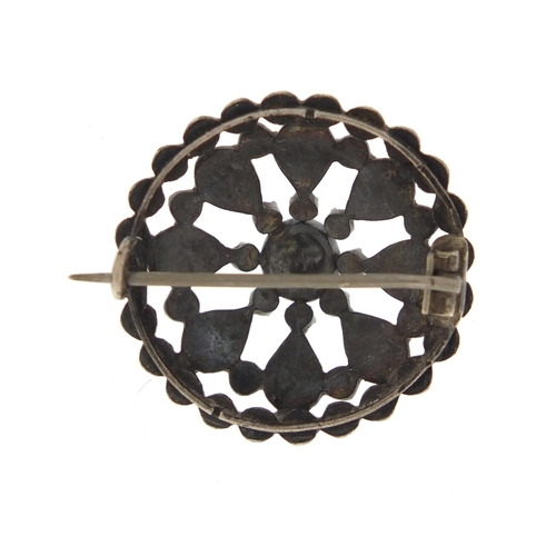 3024 - Georgian cut steel brooch, set with nine coloured diamonds, 2.5cm in diameter, 8.7g