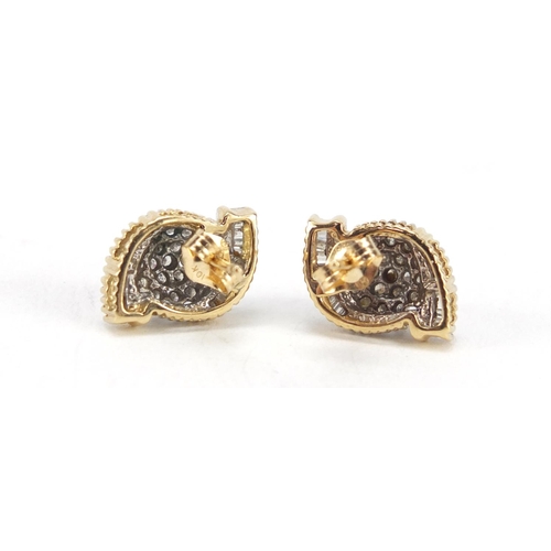 3376 - Pair of 10ct gold diamond cluster earrings, 1.5cm in length, 3.4g