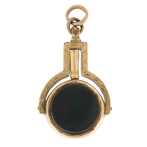 3980 - Victorian 9ct gold bloodstone and onyx watch key fob, 4cm in length, 8.5g