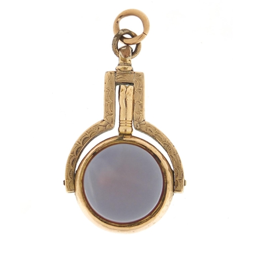 3980 - Victorian 9ct gold bloodstone and onyx watch key fob, 4cm in length, 8.5g