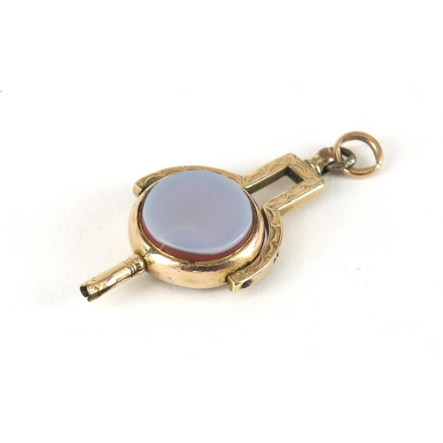 3980 - Victorian 9ct gold bloodstone and onyx watch key fob, 4cm in length, 8.5g