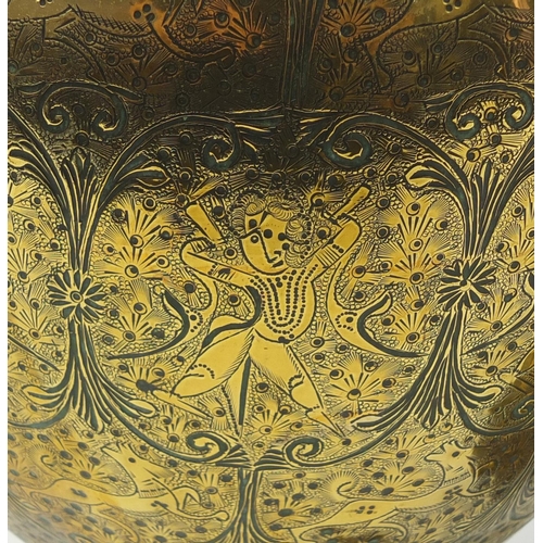 3847 - Large pair of Indian brass vases engraved with figures, animals and flowers, each 53cm high