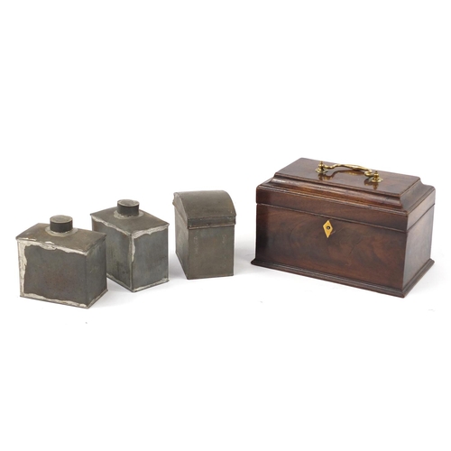 3442 - Georgian mahogany tea caddy with brass fittings and tin liners, 15cm H x 25.5cm W x 15cm D