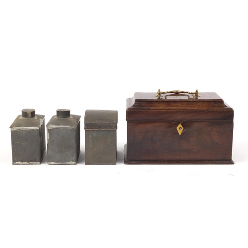 3442 - Georgian mahogany tea caddy with brass fittings and tin liners, 15cm H x 25.5cm W x 15cm D