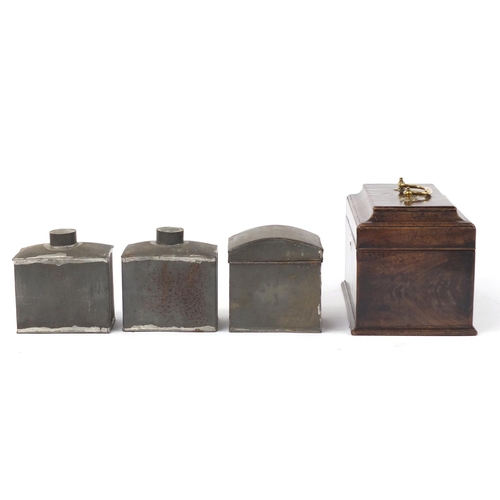 3442 - Georgian mahogany tea caddy with brass fittings and tin liners, 15cm H x 25.5cm W x 15cm D