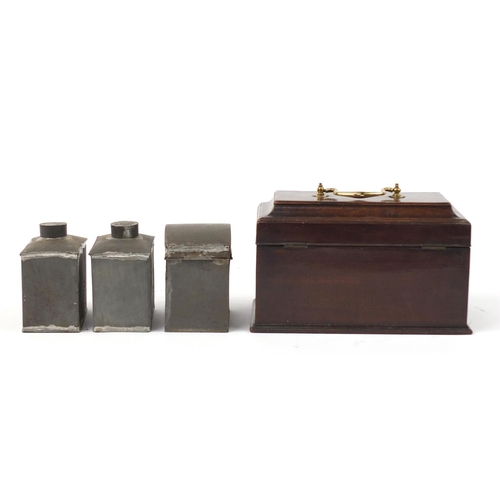 3442 - Georgian mahogany tea caddy with brass fittings and tin liners, 15cm H x 25.5cm W x 15cm D