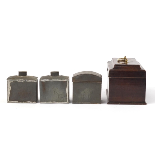 3442 - Georgian mahogany tea caddy with brass fittings and tin liners, 15cm H x 25.5cm W x 15cm D