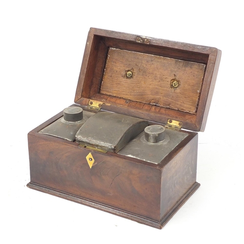 3442 - Georgian mahogany tea caddy with brass fittings and tin liners, 15cm H x 25.5cm W x 15cm D