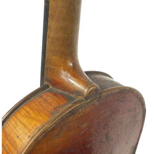 3460 - Child's old wooden violin with one piece back, the back 11.5 inches in length