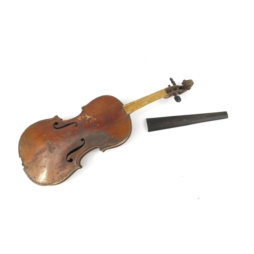 3460 - Child's old wooden violin with one piece back, the back 11.5 inches in length