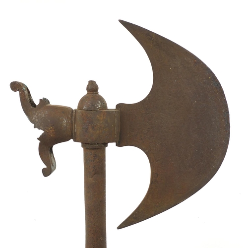 3840 - Indo-Persian steel axe (Tabar) engraved with figures and scripts, 77.5cm in length