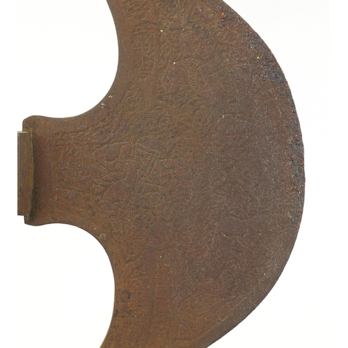 3840 - Indo-Persian steel axe (Tabar) engraved with figures and scripts, 77.5cm in length