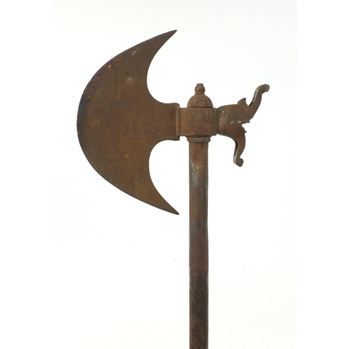 3840 - Indo-Persian steel axe (Tabar) engraved with figures and scripts, 77.5cm in length