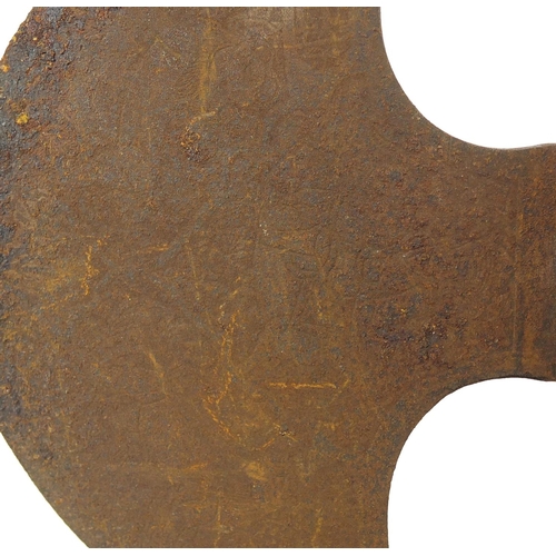 3840 - Indo-Persian steel axe (Tabar) engraved with figures and scripts, 77.5cm in length