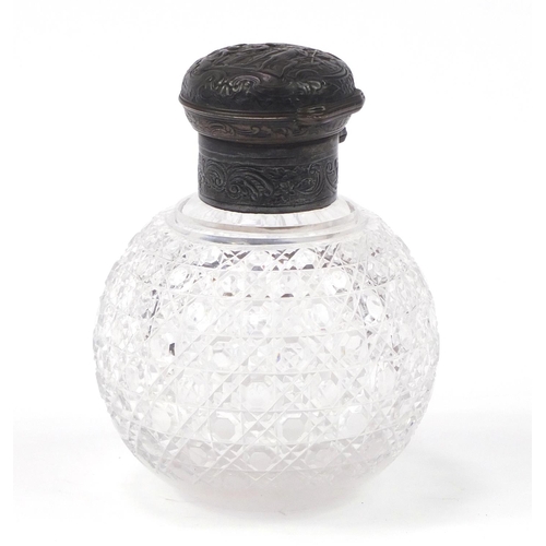 3999 - Victorian globular cut glass scent bottle retailed by Asprey, having silver plated mounts embossed w... 