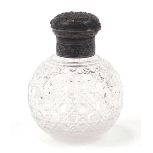 3999 - Victorian globular cut glass scent bottle retailed by Asprey, having silver plated mounts embossed w... 