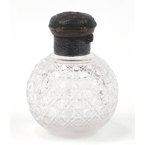 3999 - Victorian globular cut glass scent bottle retailed by Asprey, having silver plated mounts embossed w... 