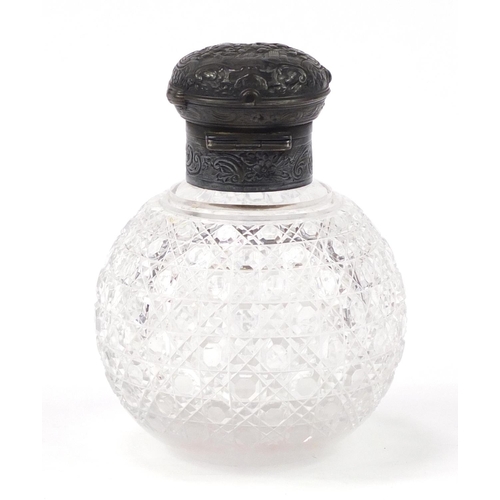 3999 - Victorian globular cut glass scent bottle retailed by Asprey, having silver plated mounts embossed w... 