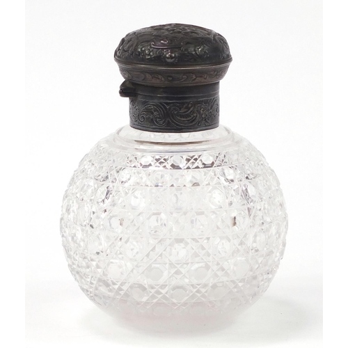 3999 - Victorian globular cut glass scent bottle retailed by Asprey, having silver plated mounts embossed w... 