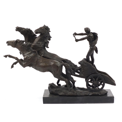 3514 - Large patinated bronze group of a figure in a horse drawn chariot, 37cm H x 61cm W x 20cm