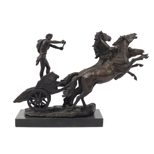 3514 - Large patinated bronze group of a figure in a horse drawn chariot, 37cm H x 61cm W x 20cm