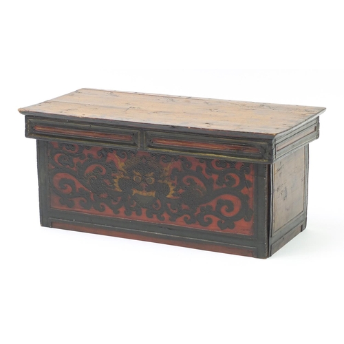 3806 - Chinese lacquered wood folding scribes table painted with a dragon, 28.5cm H x 63.5cm W x 31.5cm D