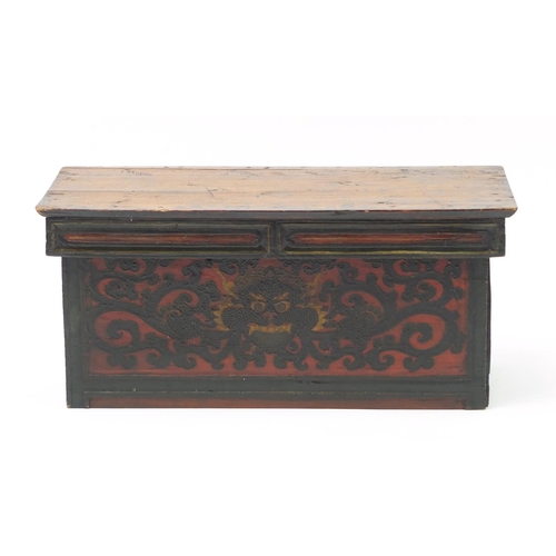 3806 - Chinese lacquered wood folding scribes table painted with a dragon, 28.5cm H x 63.5cm W x 31.5cm D