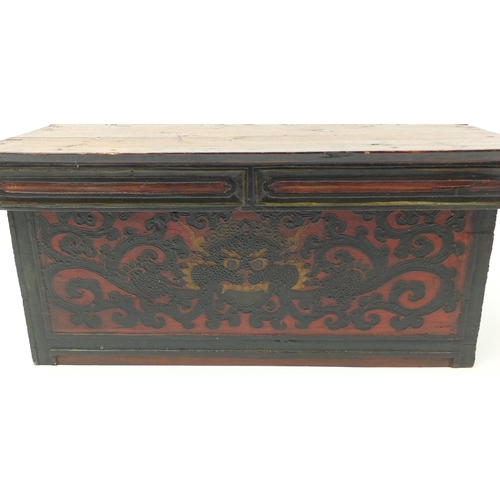 3806 - Chinese lacquered wood folding scribes table painted with a dragon, 28.5cm H x 63.5cm W x 31.5cm D